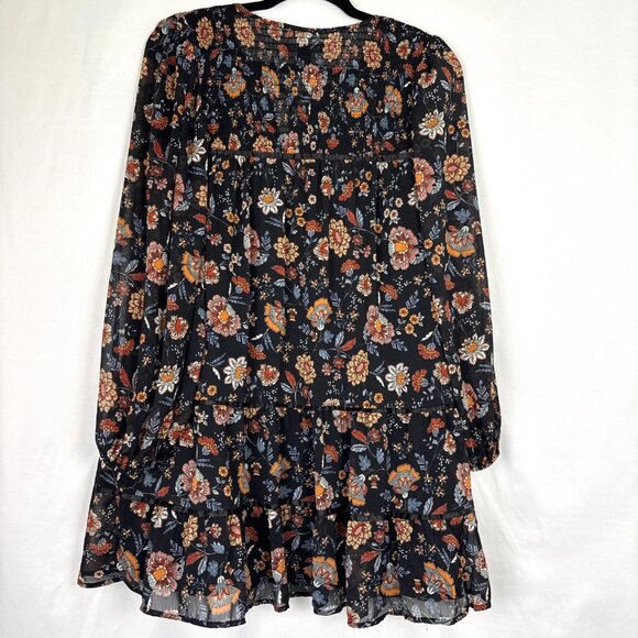 Forever 21 Black Floral Boho Babydoll Mini Dress Women’s‎ Large Tiered Skirt - Picture 10 of 16